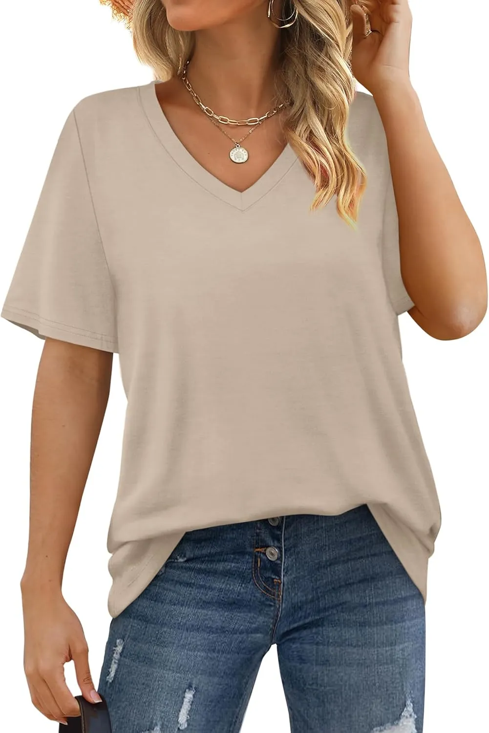 Aokosor Womens V Neck Short Sleeve T Shirts Summer Tops 2025 Casual Loose Tees Trending Now S-4XL
