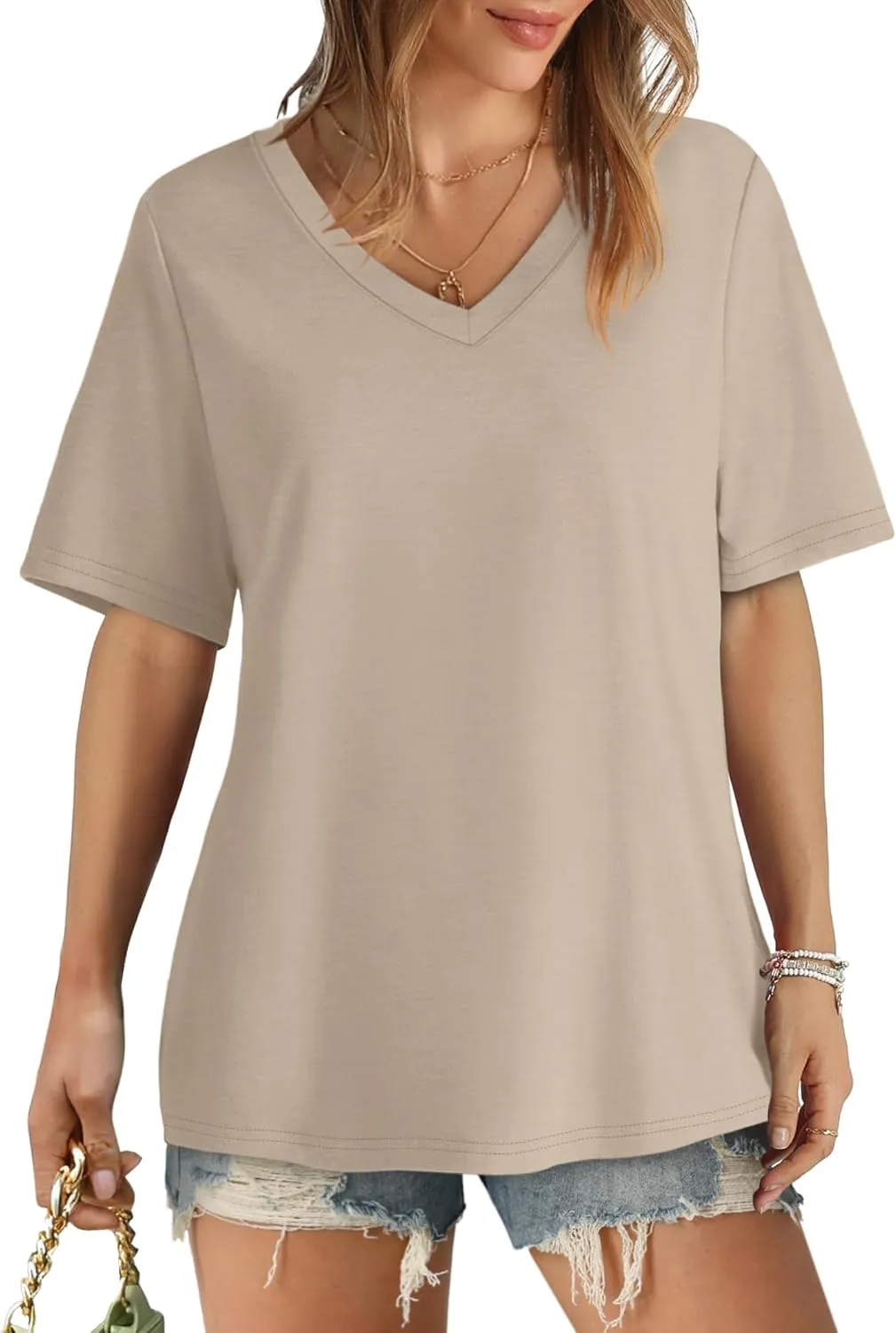Aokosor Womens V Neck Short Sleeve T Shirts Summer Tops 2025 Casual Loose Tees Trending Now S-4XL