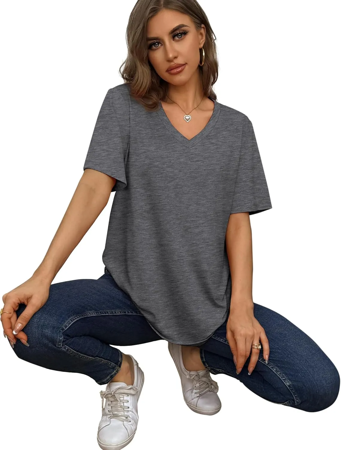 Aokosor Womens V Neck Short Sleeve T Shirts Summer Tops 2025 Casual Loose Tees Trending Now S-4XL