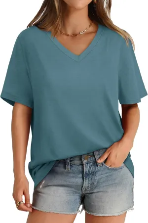 Aokosor Womens V Neck Short Sleeve T Shirts Summer Tops 2025 Casual Loose Tees Trending Now S-4XL