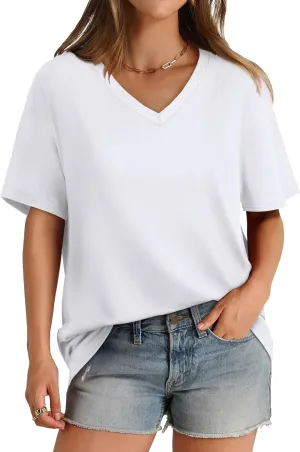 Aokosor Womens V Neck Short Sleeve T Shirts Summer Tops 2025 Casual Loose Tees Trending Now S-4XL