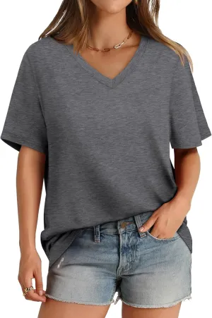 Aokosor Womens V Neck Short Sleeve T Shirts Summer Tops 2025 Casual Loose Tees Trending Now S-4XL