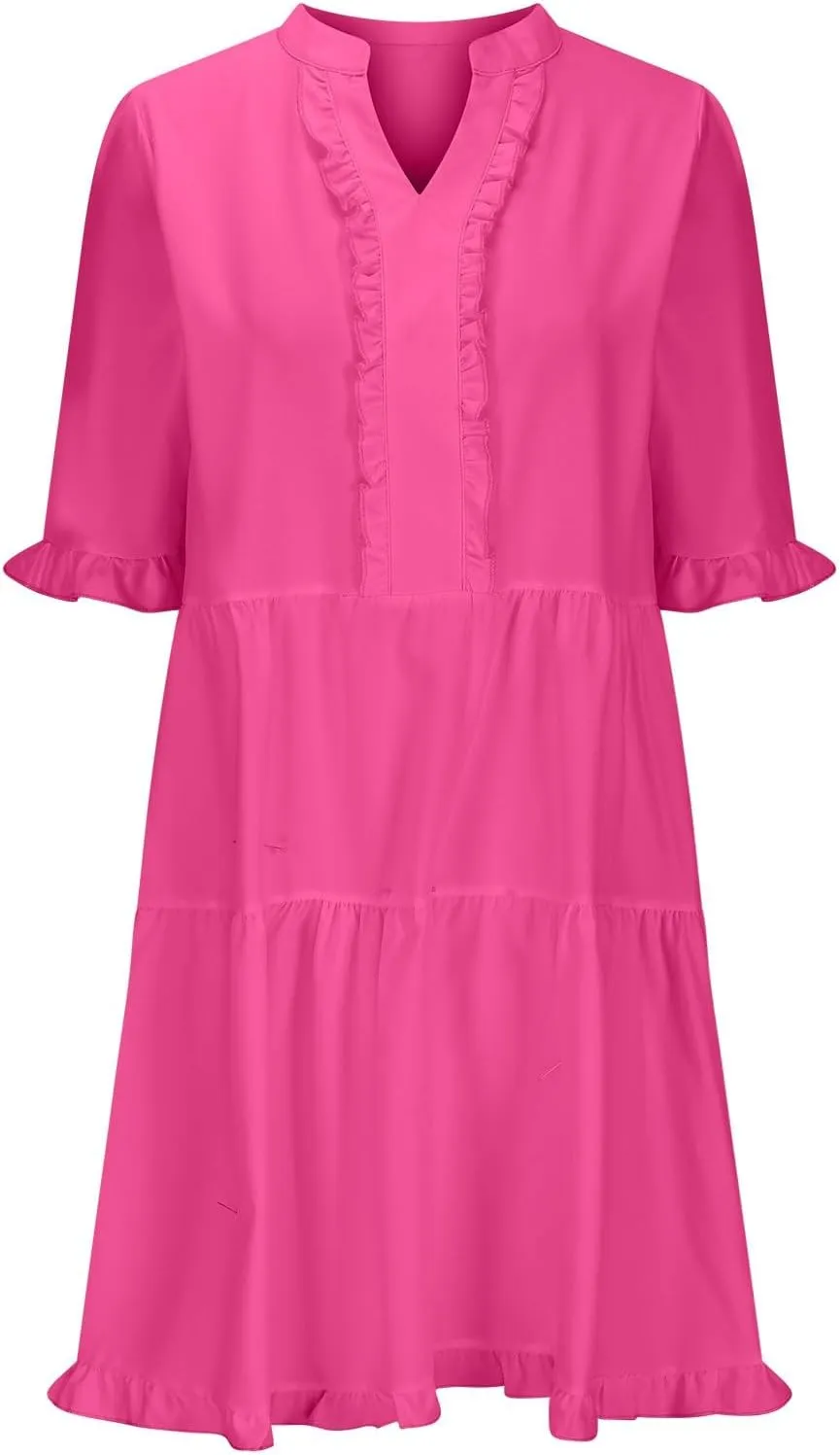Babydoll Dresses for Women Summer Beach Dress Sexy V Neck Dresses Casual Ruffle Sun Dresses Mini A-Line Dress 2025