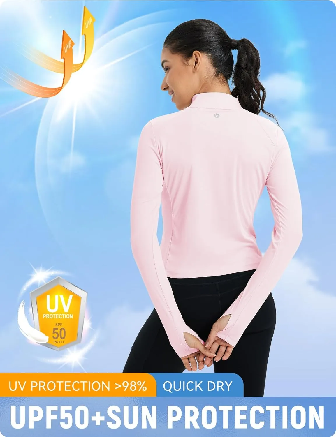 baleaf Women's UPF 50  Sun Shirts Protection SPF Crop Jacket UV Protection Long Sleeve Full Zip Clothing Lightweight