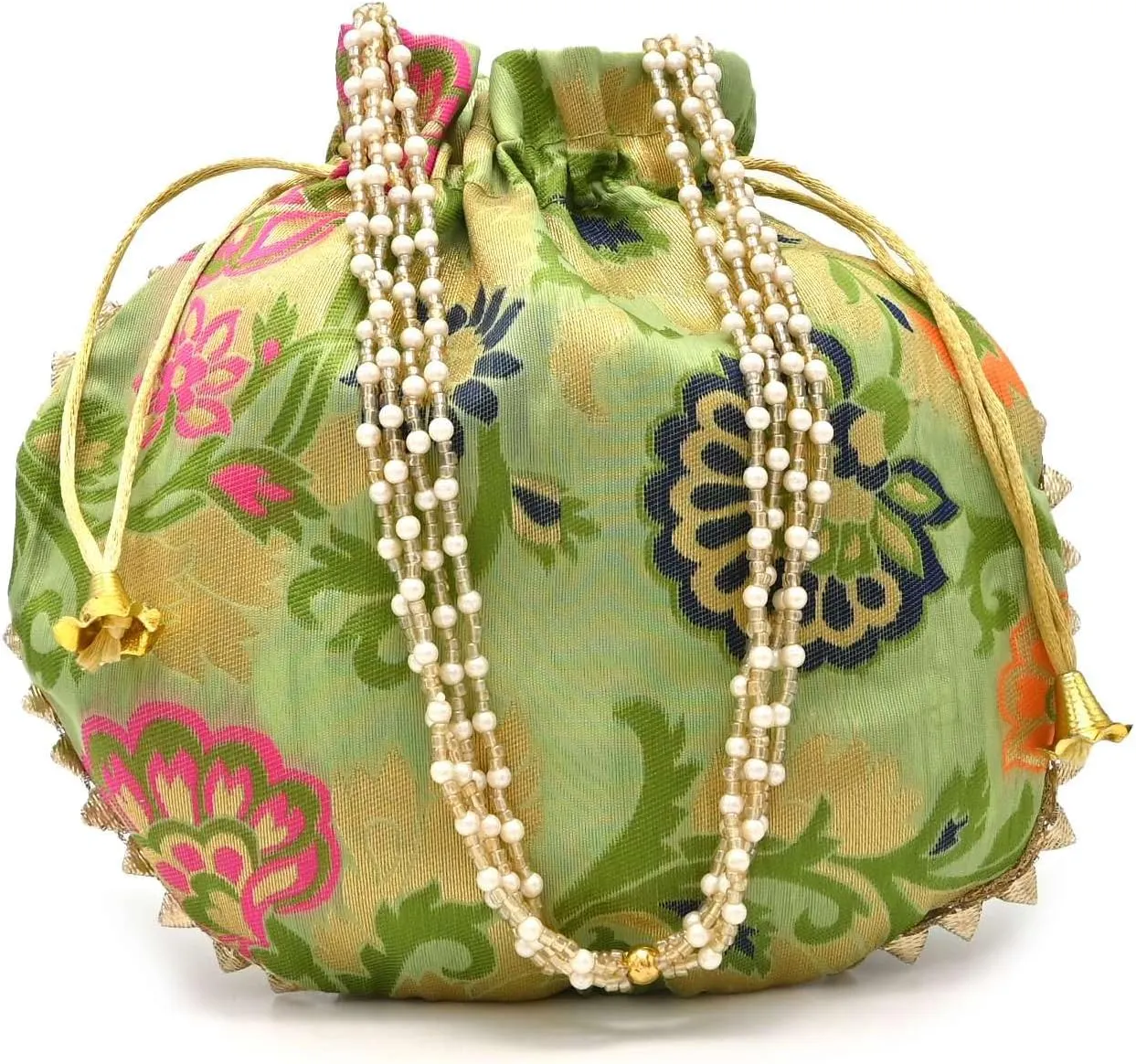 Banarasi Silk Potli Bag with Floral Zari Work & Pearl Handle