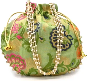 Banarasi Silk Potli Bag with Floral Zari Work & Pearl Handle