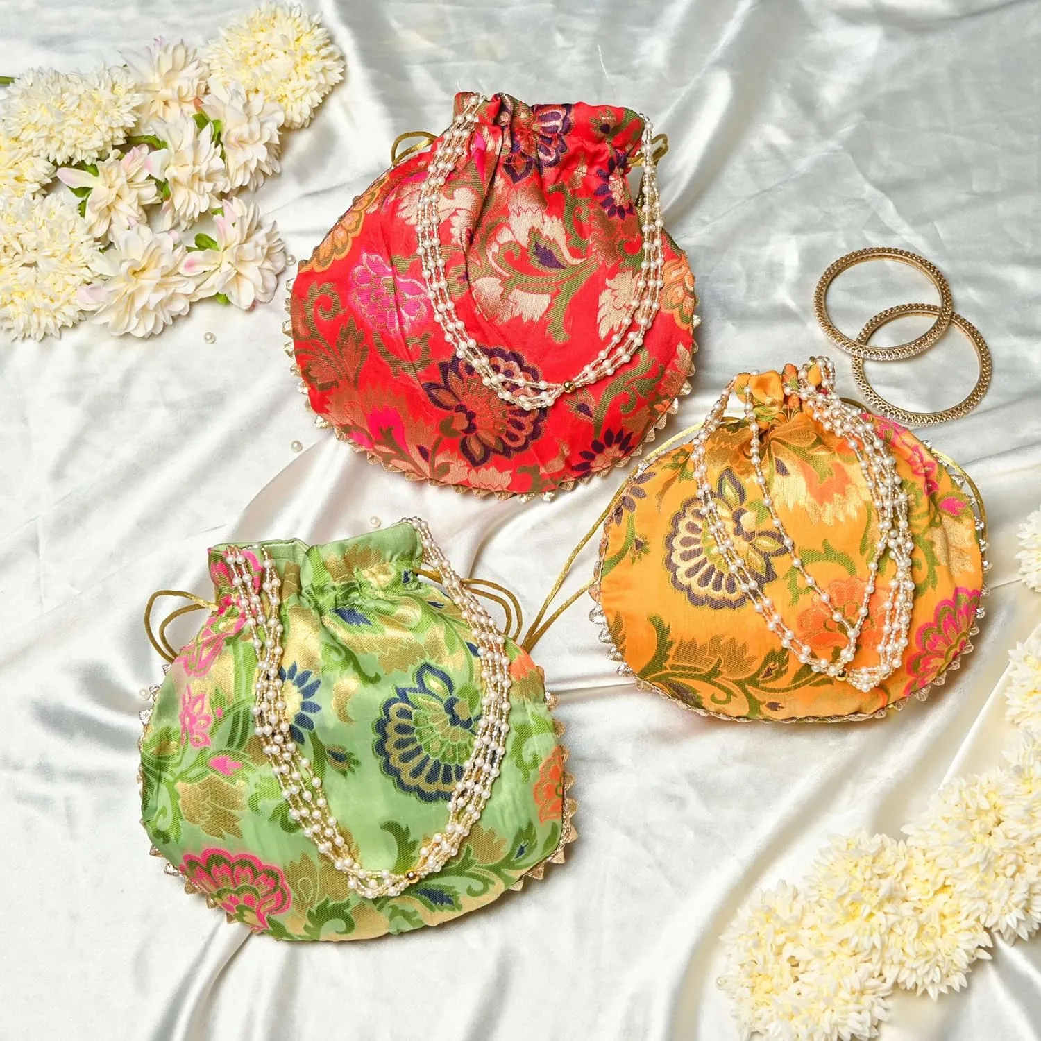 Banarasi Silk Potli Bag with Floral Zari Work & Pearl Handle
