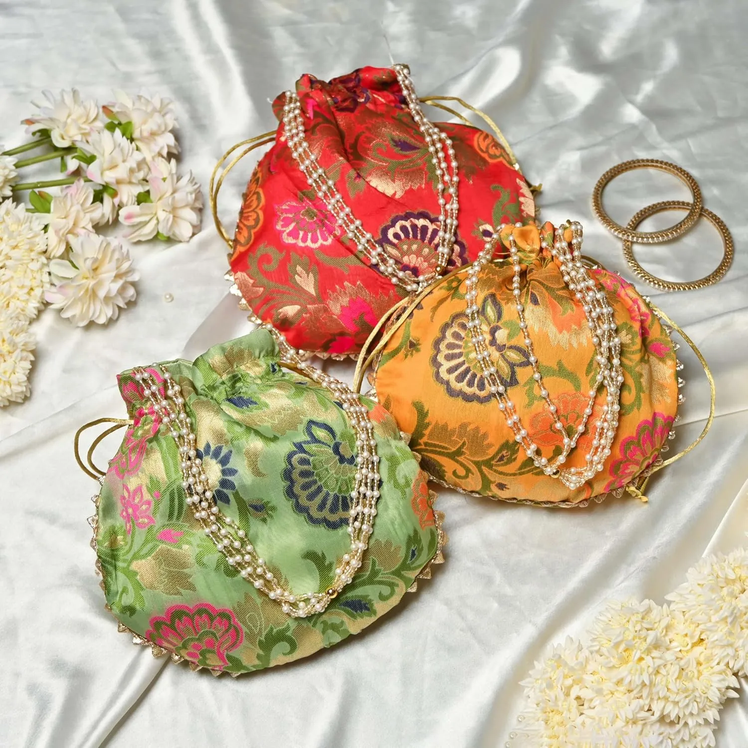 Banarasi Silk Potli Bag with Floral Zari Work & Pearl Handle