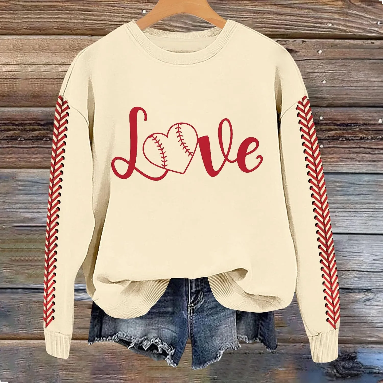 Baseball Sweatshirt for Womens 2025 Long Sleeves Round Neck Pullover Baseball Letter Print Blouses Fall Workout Tops