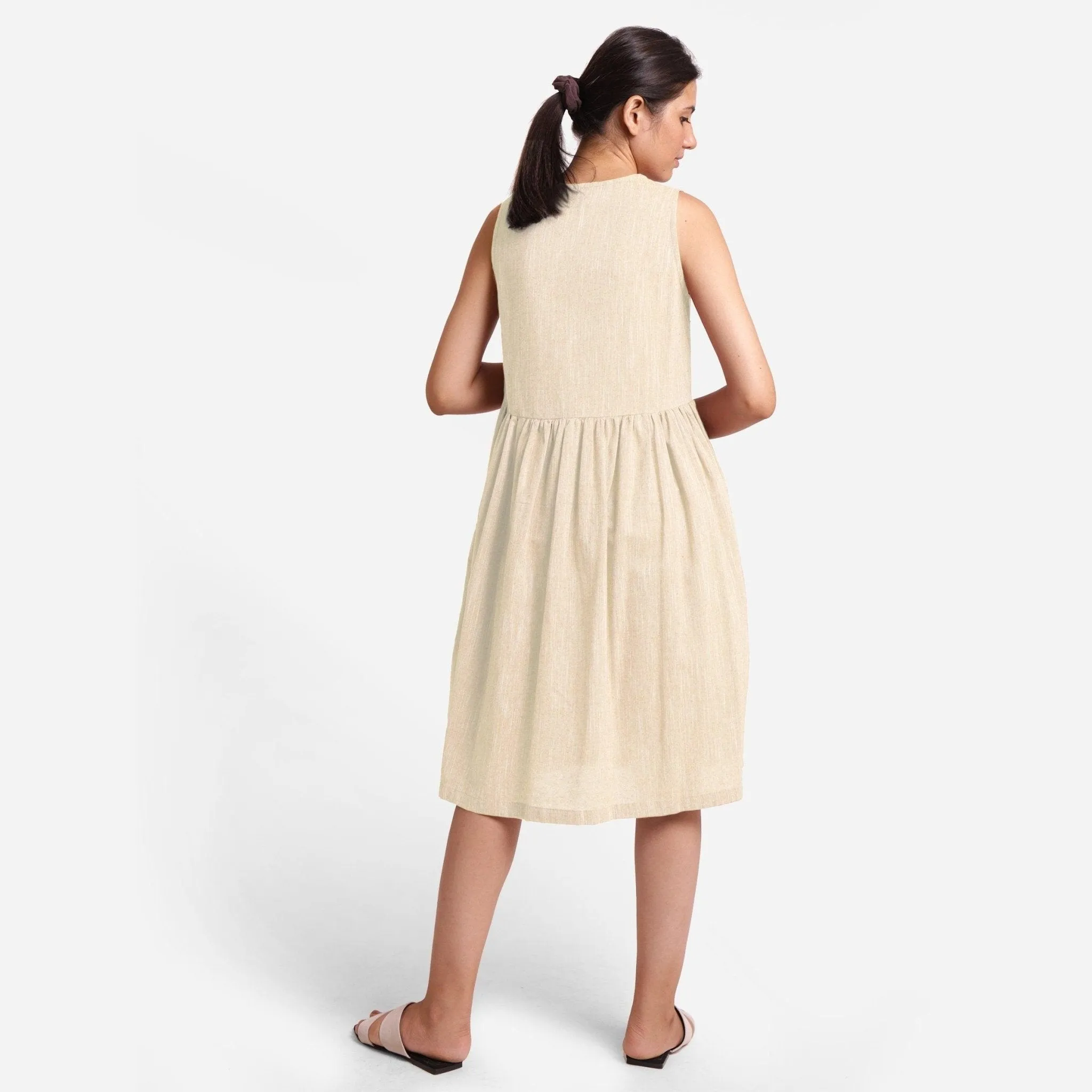 Beige Yarn Dyed 100% Cotton Sleeveless Knee Length Dress