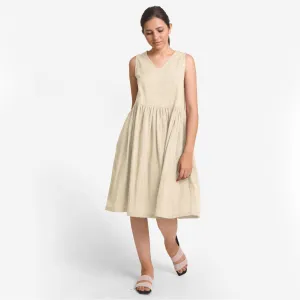 Beige Yarn Dyed 100% Cotton Sleeveless Knee Length Dress