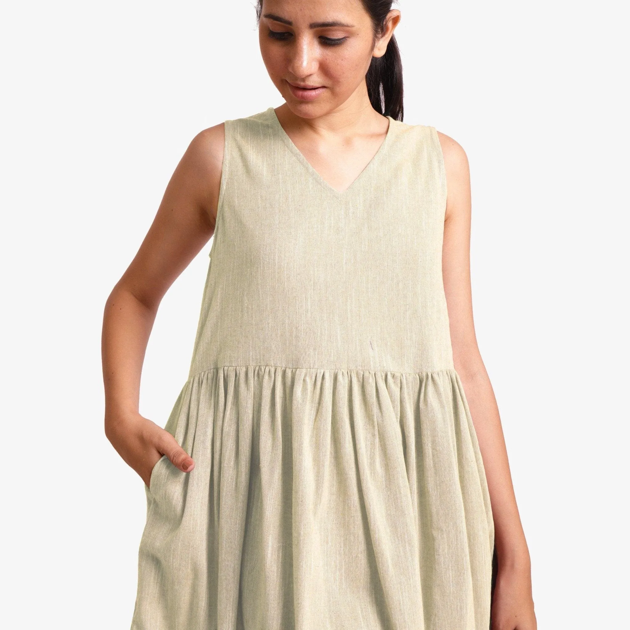Beige Yarn Dyed 100% Cotton Sleeveless Knee Length Dress