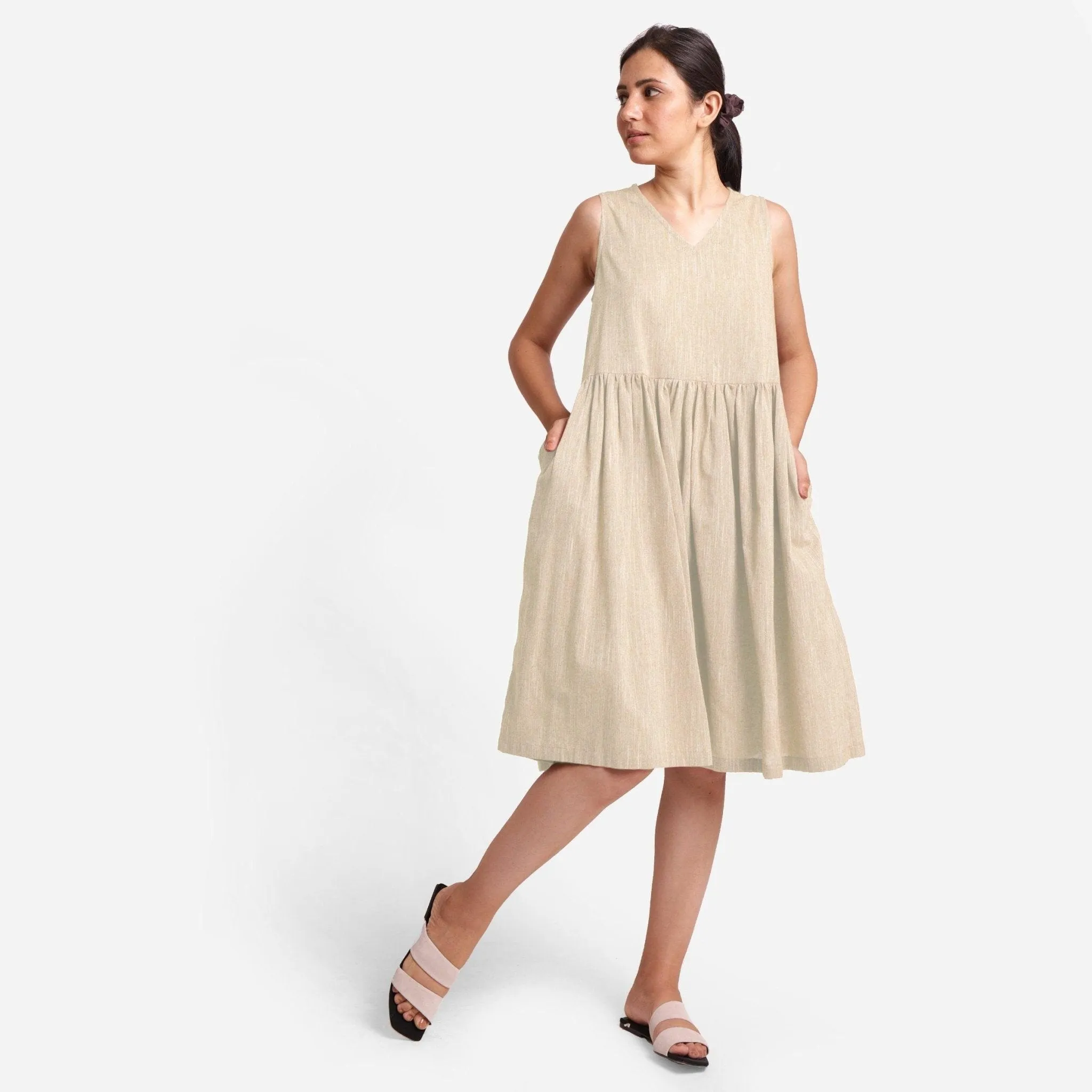 Beige Yarn Dyed 100% Cotton Sleeveless Knee Length Dress