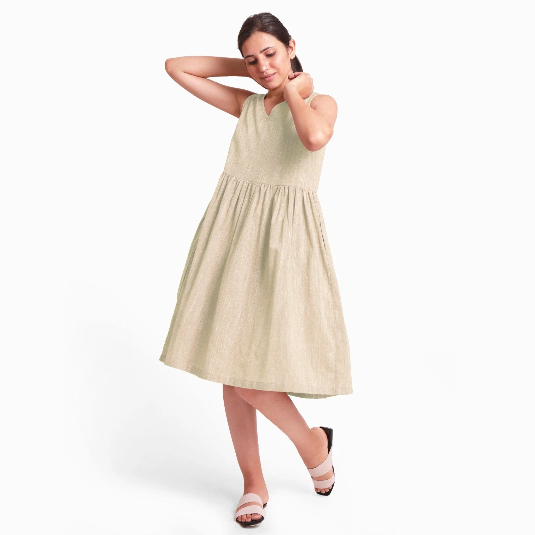 Beige Yarn Dyed 100% Cotton Sleeveless Knee Length Dress