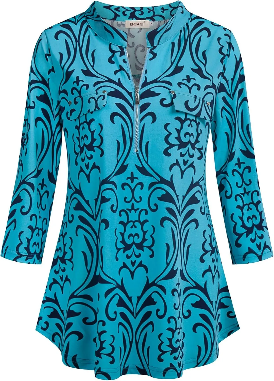 BEPEI Womens Floral 3/4 Sleeve Shirts Zip up V Neck Work Chiffon Blouses Top