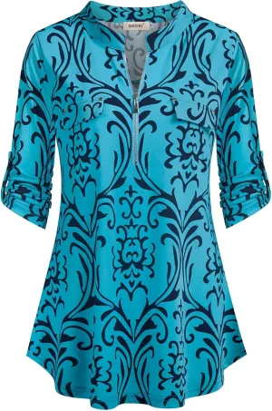 BEPEI Womens Floral 3/4 Sleeve Shirts Zip up V Neck Work Chiffon Blouses Top