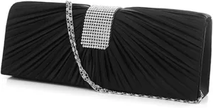 BESPORTBLE Black Wedding Purses for Women Satin Rhinestone Bridal Evening Clutch Bag Magnetic Snap Closure Shoulder Bag