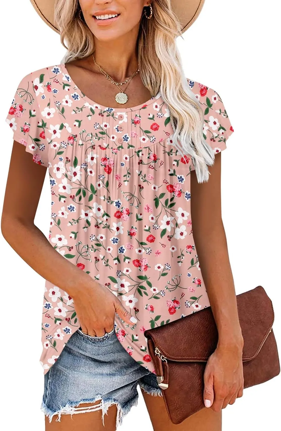 BETTE BOUTIK Women's Short Sleeve Summer Tunic Tops Flowy Flare Button Down Tunic Shirts Blouses S-3XL