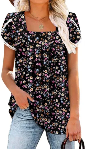 BETTE BOUTIK Womens Summer Tops Short Sleeve Pleated Square Neck Tunics Shirts Blouses S-3XL