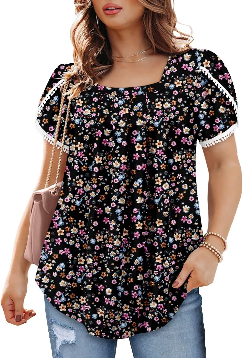 BETTE BOUTIK Womens Summer Tops Short Sleeve Pleated Square Neck Tunics Shirts Blouses S-3XL