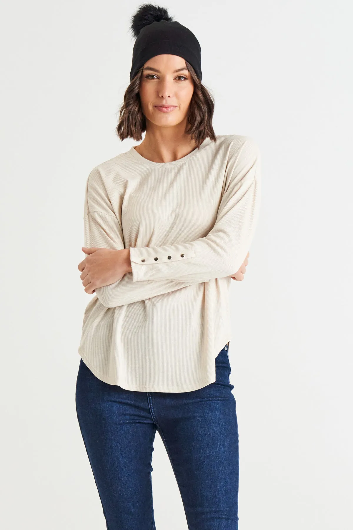 Betty Basics Malika Ribbed Long Sleeve Tee - Oat Milk