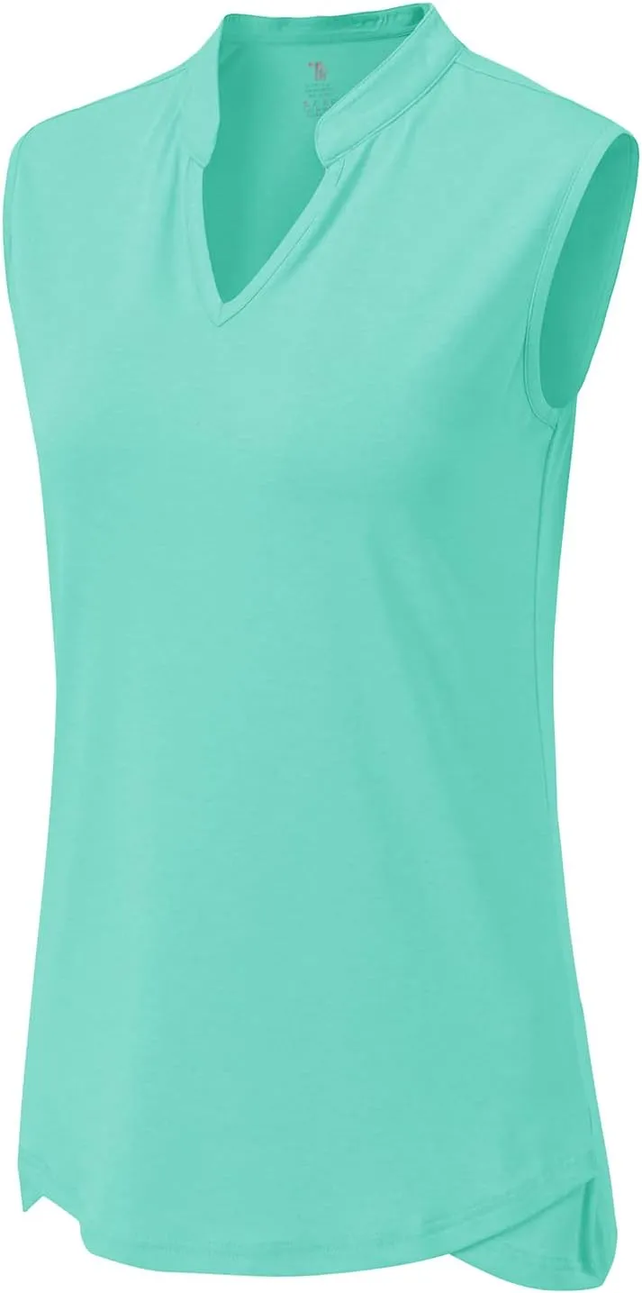 BGOWATU Women's Golf Polo T-Shirts Sleeveless V Neck Collarless Tennis Shirts UV Protection Quick Dry Lightweight