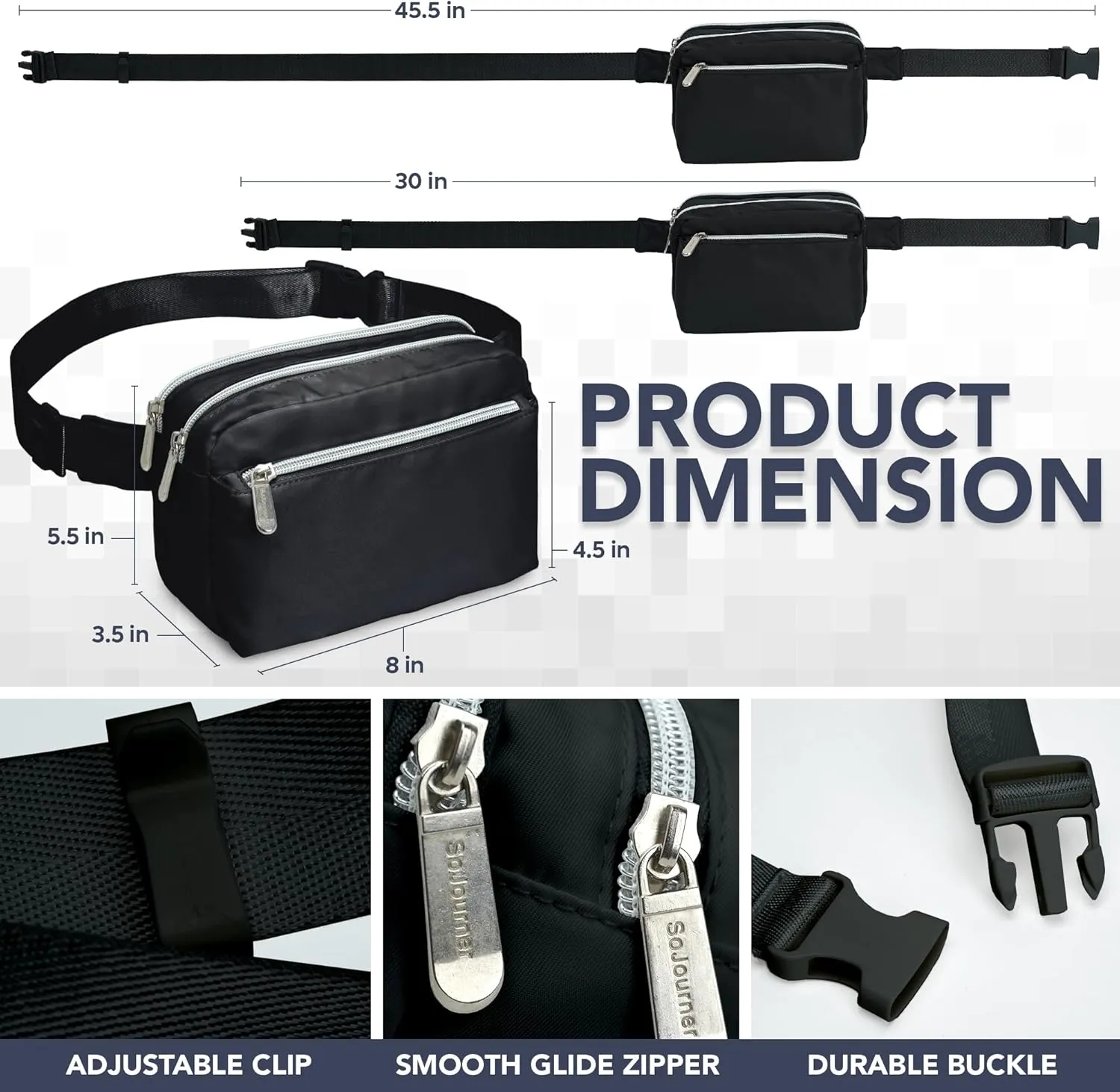 Black Fanny Pack Belt bag - Crossbody Waist Bag for Men or Women - Hands-Free, Waterproof Large Bumbag for Hiking, Running, and Travel