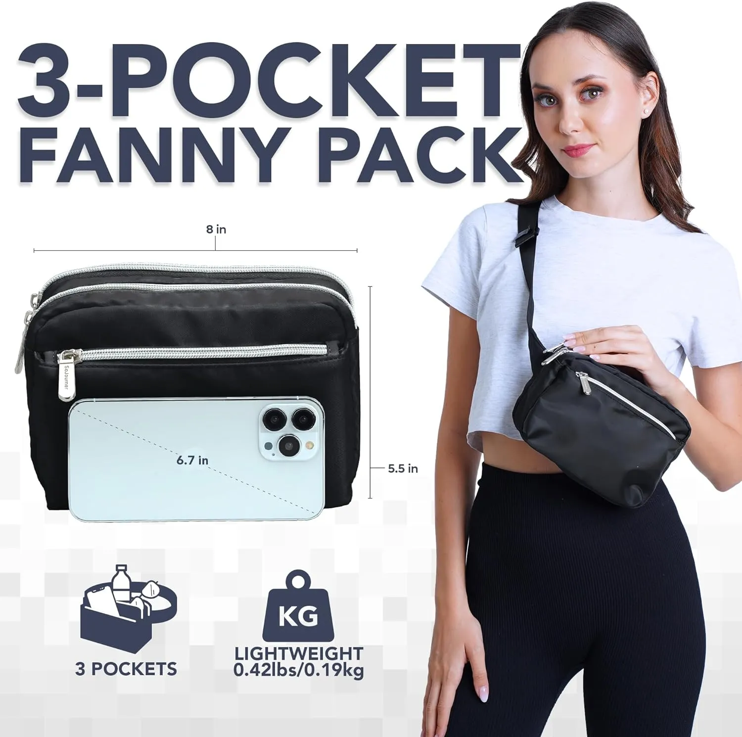 Black Fanny Pack Belt bag - Crossbody Waist Bag for Men or Women - Hands-Free, Waterproof Large Bumbag for Hiking, Running, and Travel