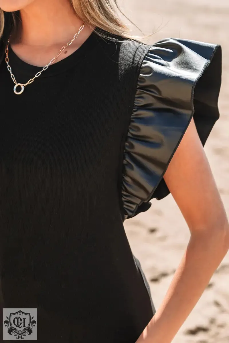 Black Leather Ruffle Sleeve Patchwork Round Neck Blouse