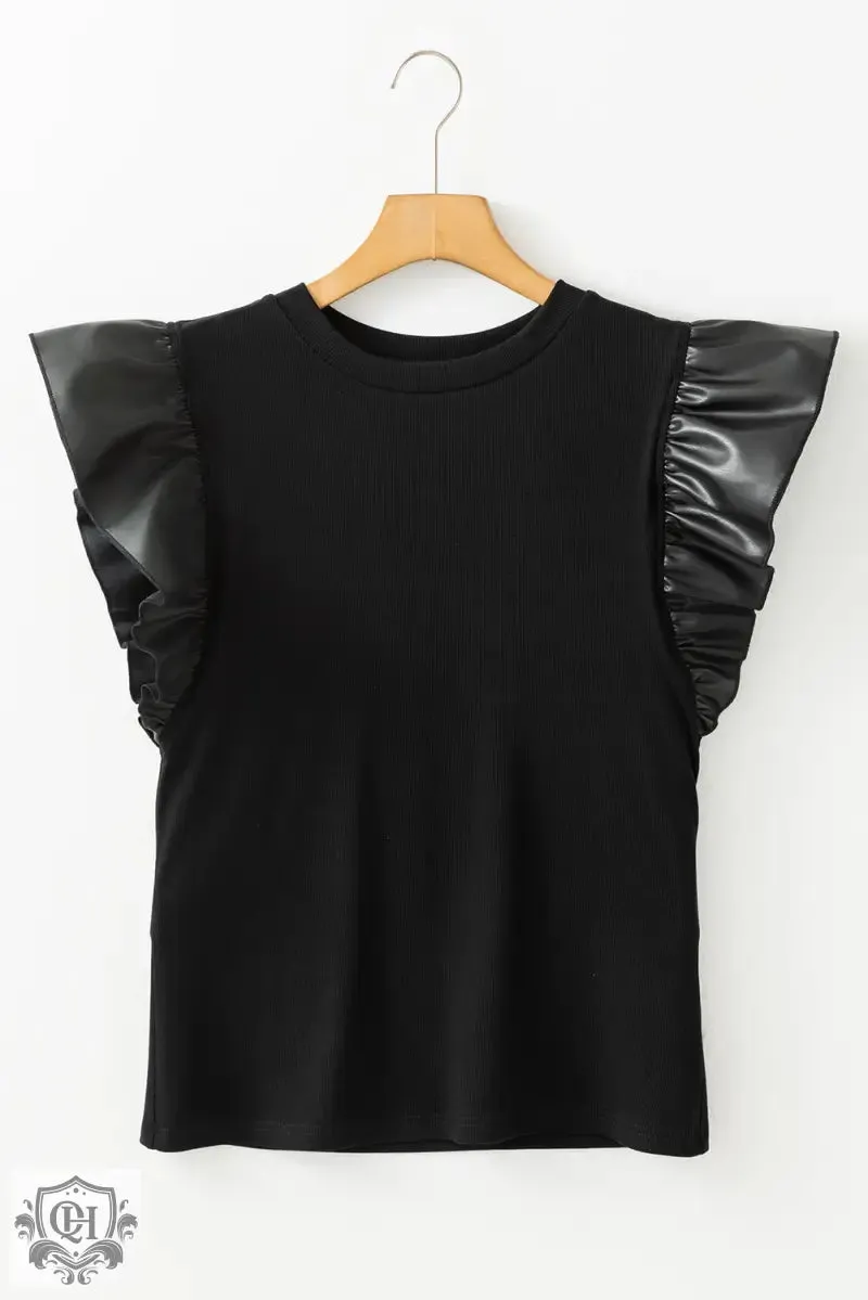 Black Leather Ruffle Sleeve Patchwork Round Neck Blouse