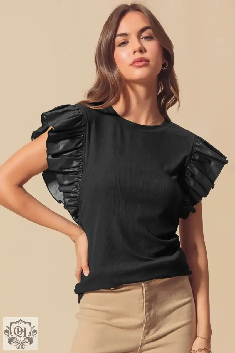 Black Leather Ruffle Sleeve Patchwork Round Neck Blouse