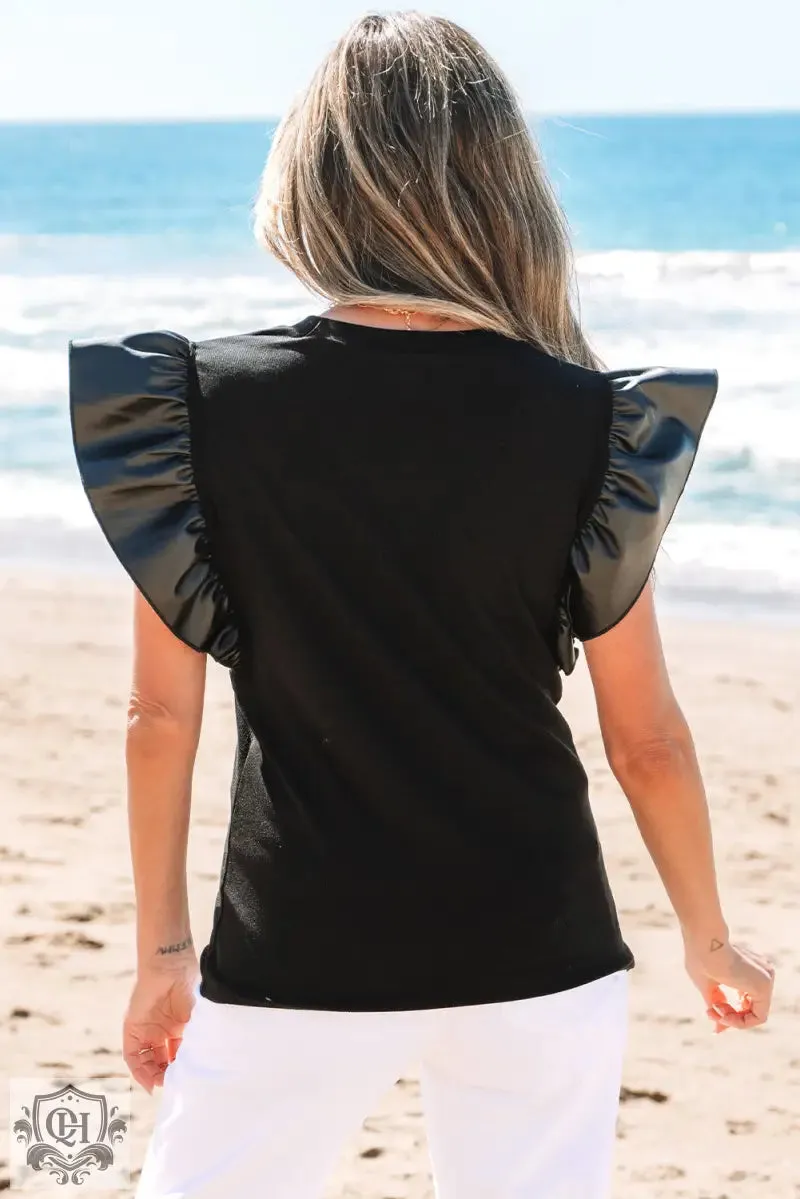 Black Leather Ruffle Sleeve Patchwork Round Neck Blouse
