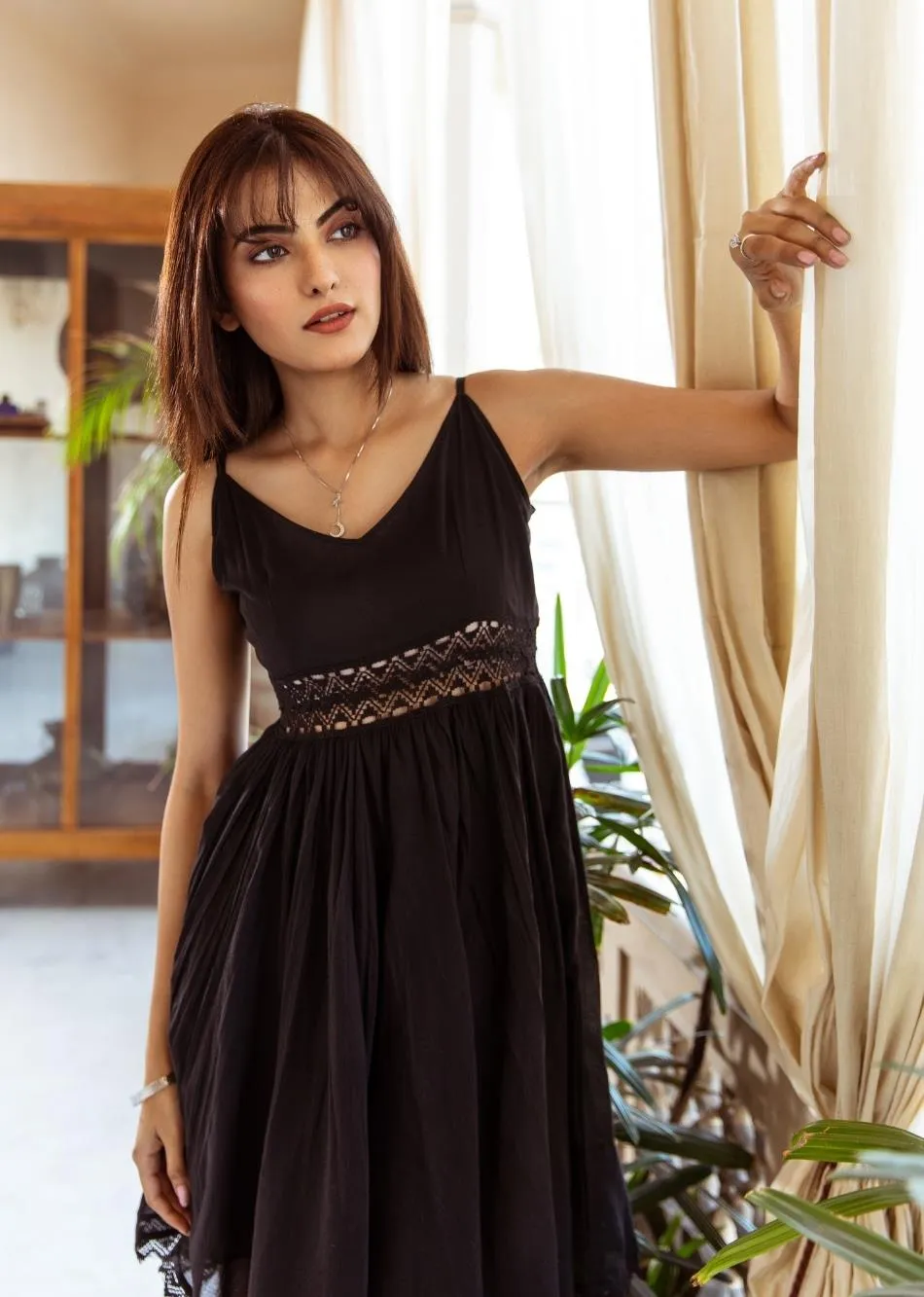 Black Mulmul Waist Lace Detailed Strappy Summer Dress