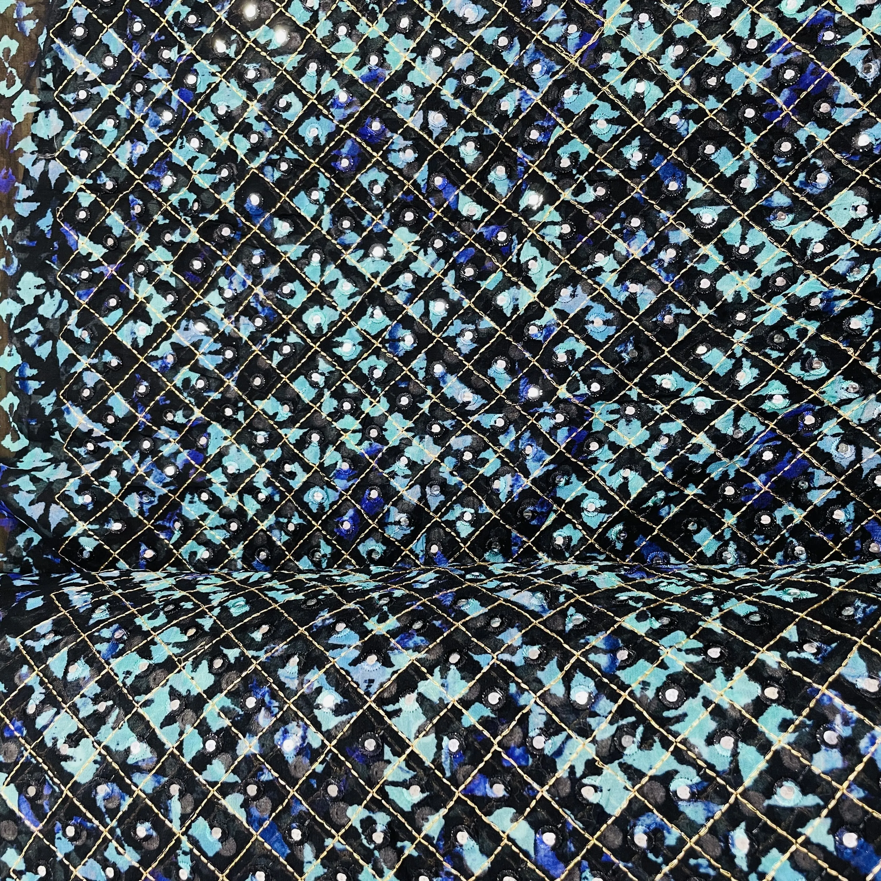 Black Sea Green Zari With Mirror Work Embroidery Georgette Fabric 59