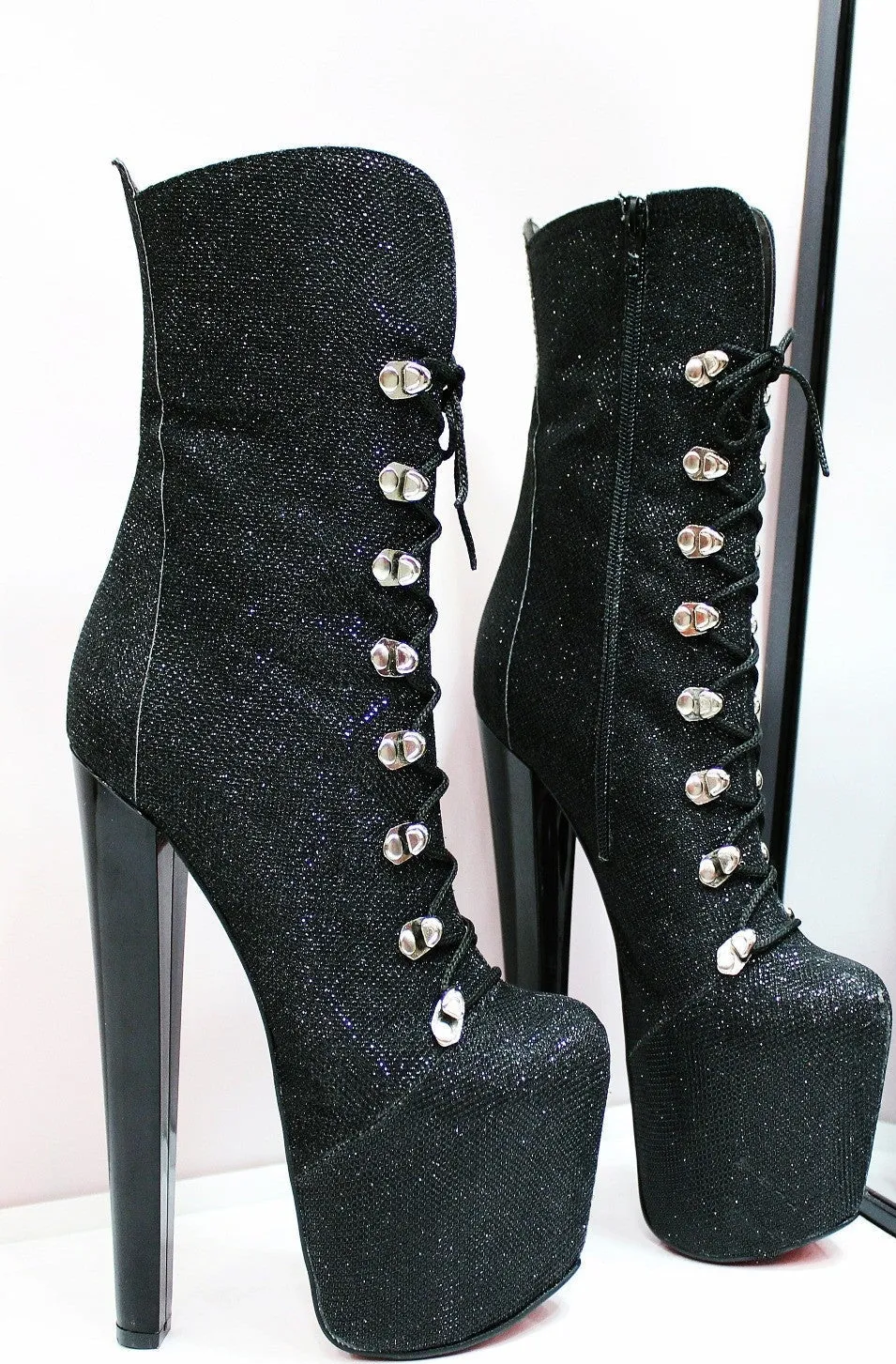 Black Shimmer Glitter Military Style Combat Boots