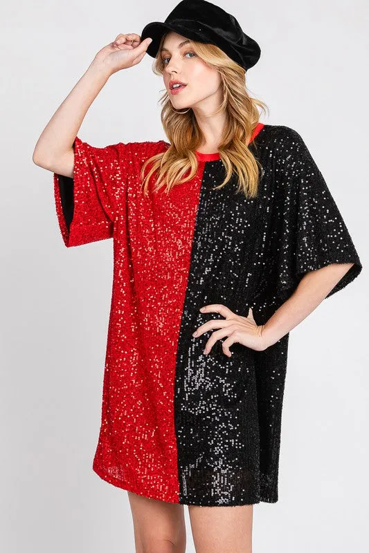 Black/Red Color Block Sequin Dress Top