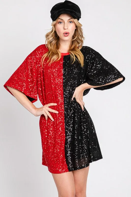 Black/Red Color Block Sequin Dress Top
