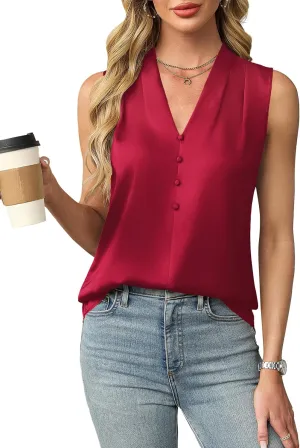 Blooming Jelly Womens Dressy Tank Tops Summer Sleeveless Work Blouses Silk Satin V Neck Shirts Business Casual Outfits