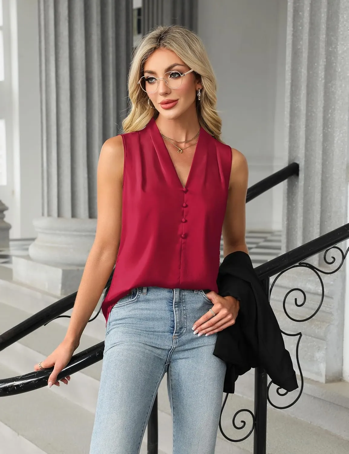 Blooming Jelly Womens Dressy Tank Tops Summer Sleeveless Work Blouses Silk Satin V Neck Shirts Business Casual Outfits