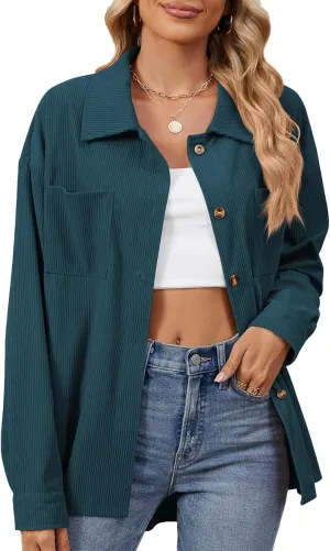 Blostirno Womens Corduroy Button Down Shirts Long Sleeve Oversized Blouses Shacket Jacket Fall Coat with Pockets
