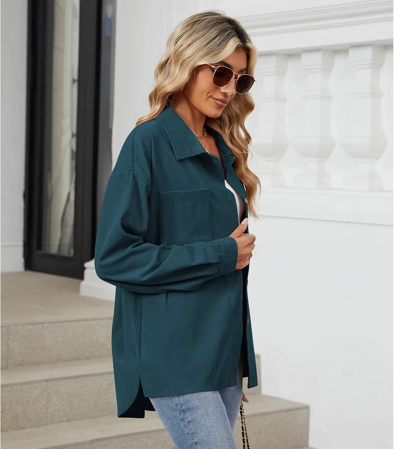 Blostirno Womens Corduroy Button Down Shirts Long Sleeve Oversized Blouses Shacket Jacket Fall Coat with Pockets