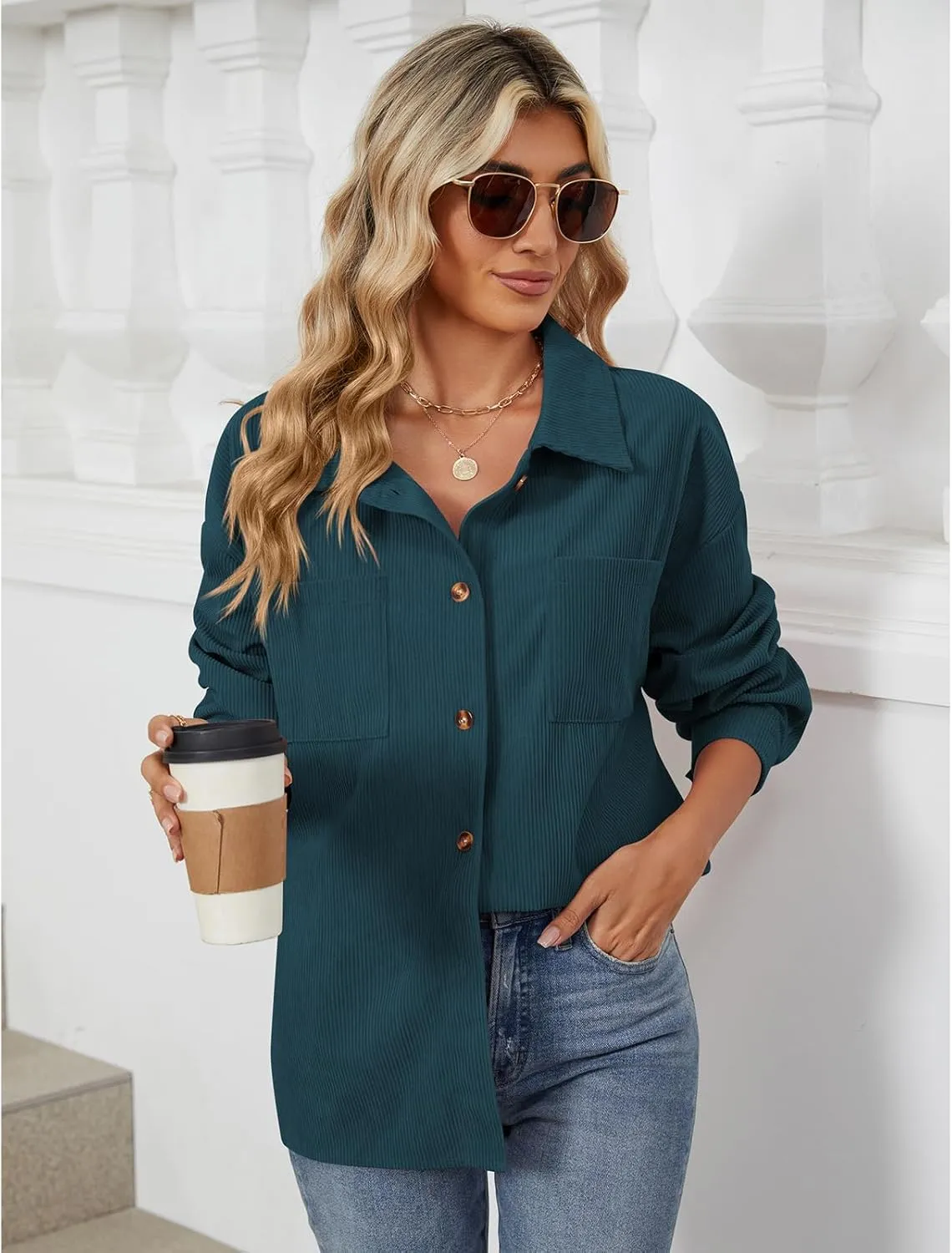 Blostirno Womens Corduroy Button Down Shirts Long Sleeve Oversized Blouses Shacket Jacket Fall Coat with Pockets