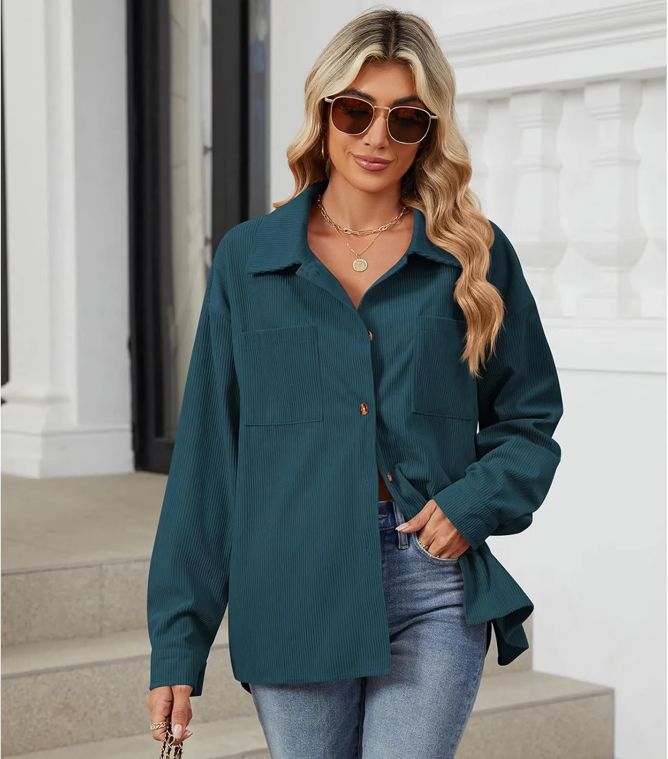 Blostirno Womens Corduroy Button Down Shirts Long Sleeve Oversized Blouses Shacket Jacket Fall Coat with Pockets
