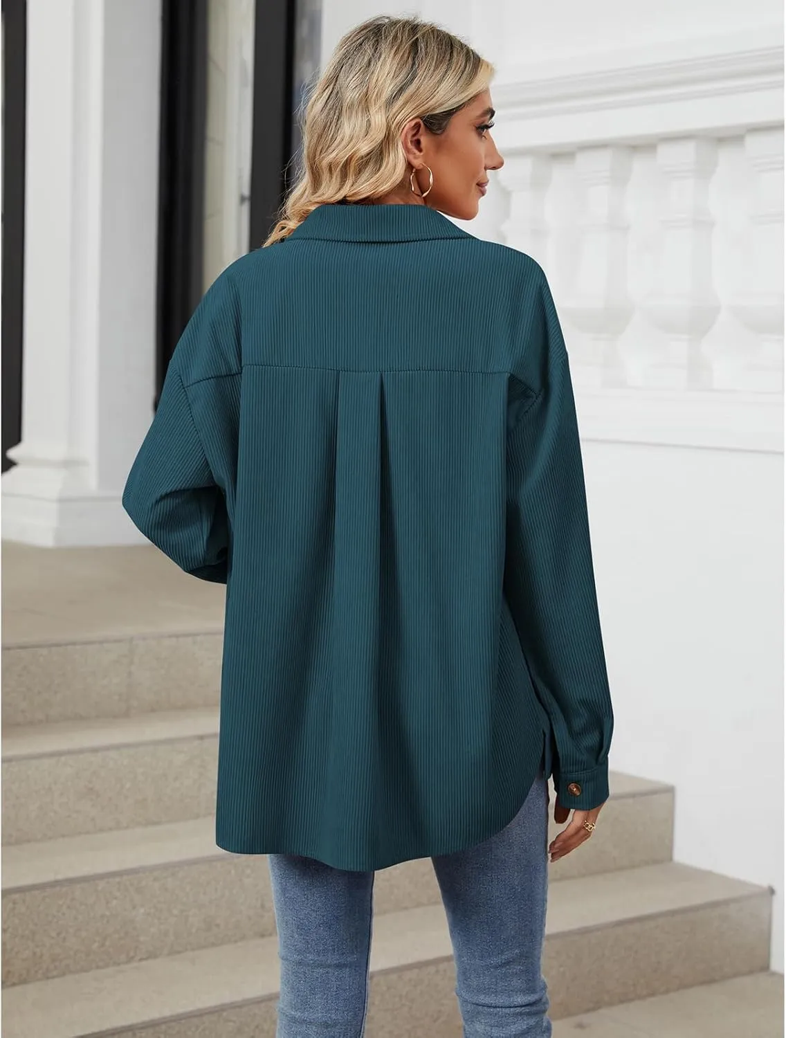 Blostirno Womens Corduroy Button Down Shirts Long Sleeve Oversized Blouses Shacket Jacket Fall Coat with Pockets