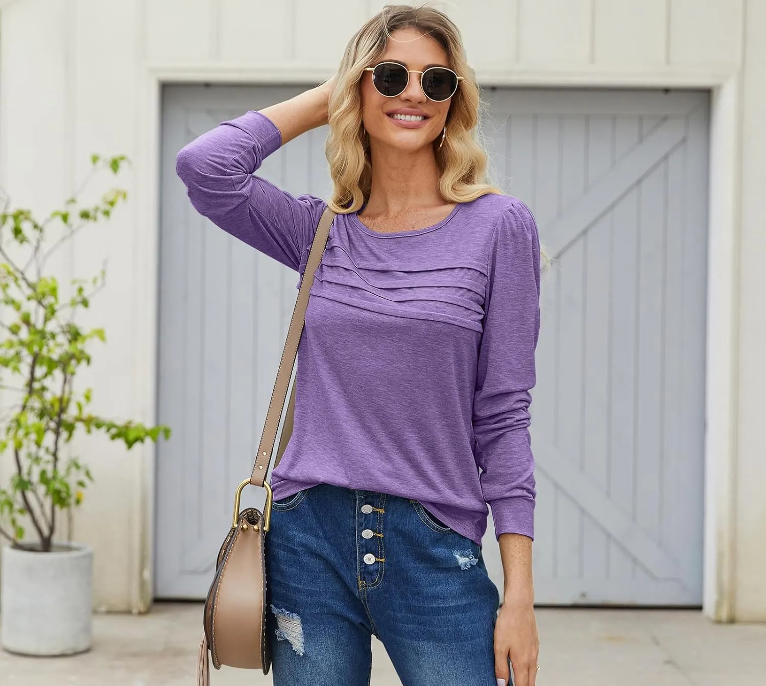 Bluetime Long Sleeve Shirts for Women 2024 Fall Fashion Tunic Tops for Leggings Pleated Front Dressy Casual Blouses