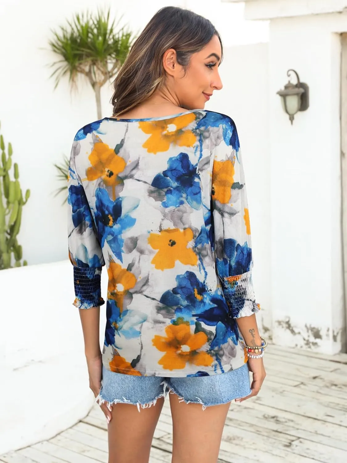 Bluetime Womens Crew Neck 3/4 Sleeve Tops Loose Fit Shirts Casual Solid Basic Tees Shirt Blouses