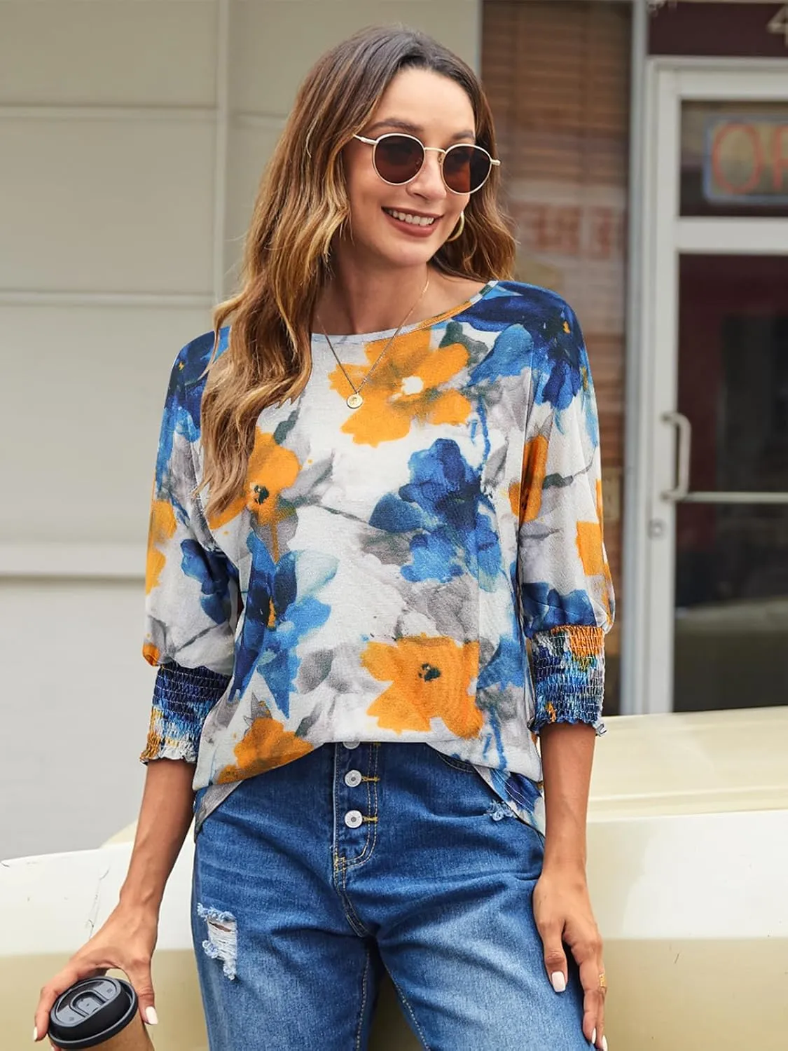 Bluetime Womens Crew Neck 3/4 Sleeve Tops Loose Fit Shirts Casual Solid Basic Tees Shirt Blouses