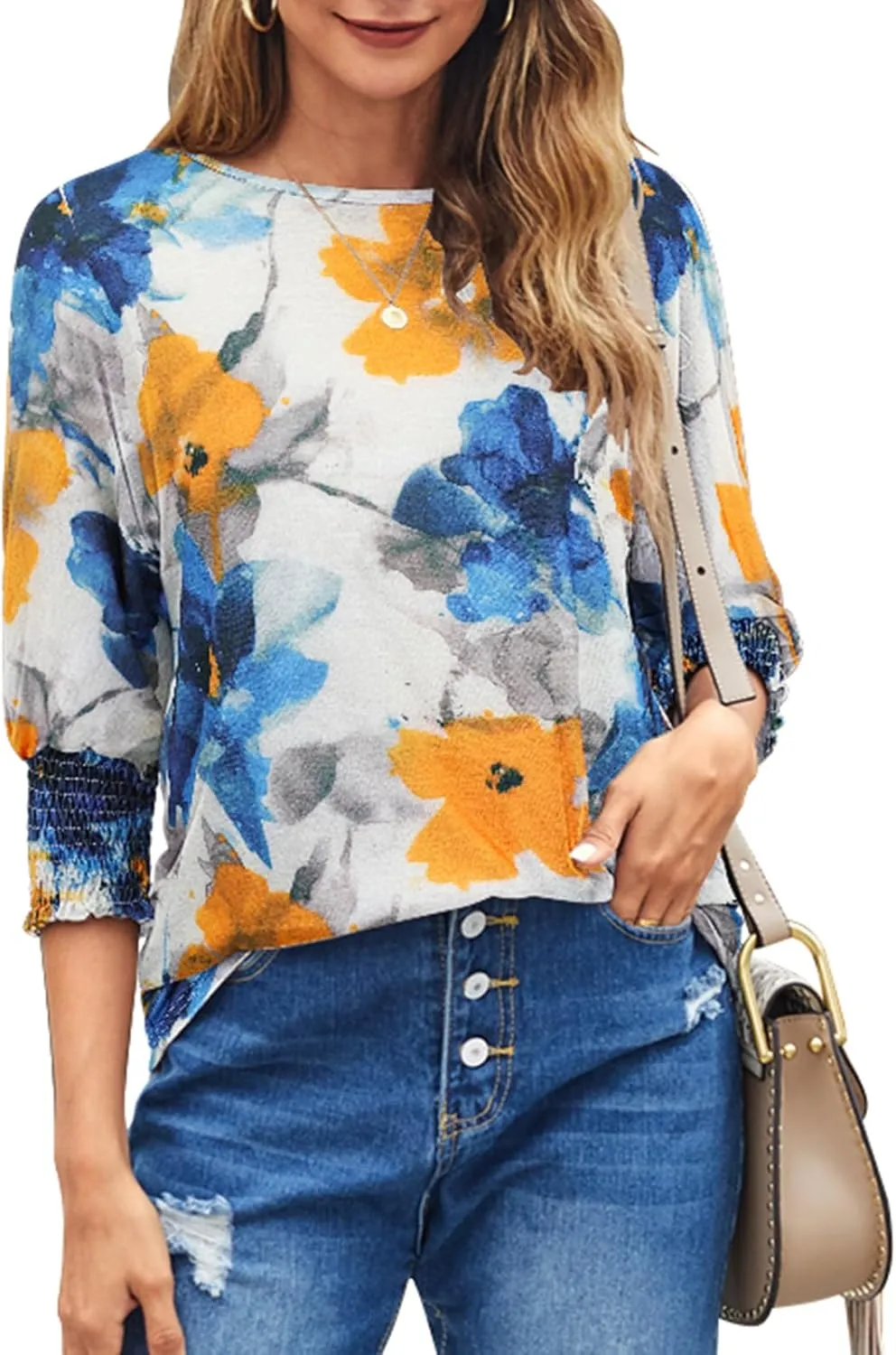 Bluetime Womens Crew Neck 3/4 Sleeve Tops Loose Fit Shirts Casual Solid Basic Tees Shirt Blouses