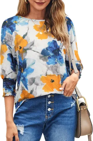 Bluetime Womens Crew Neck 3/4 Sleeve Tops Loose Fit Shirts Casual Solid Basic Tees Shirt Blouses
