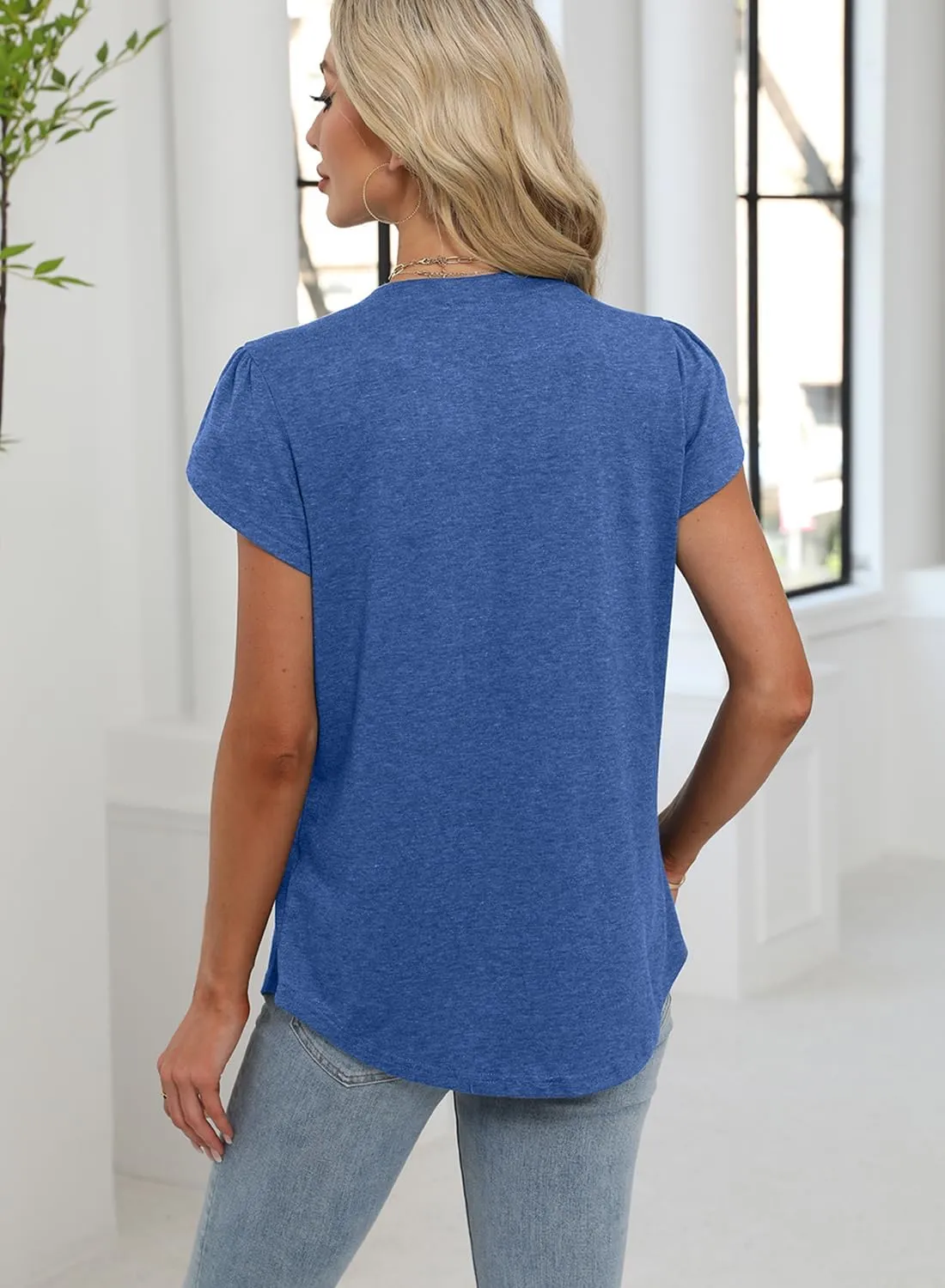 Bluetime Womens Tunic Tops Summer Dressy Casual Blouses V Neck Short Petal Sleeve T-Shirts Front Pleated Shirts for Leggings